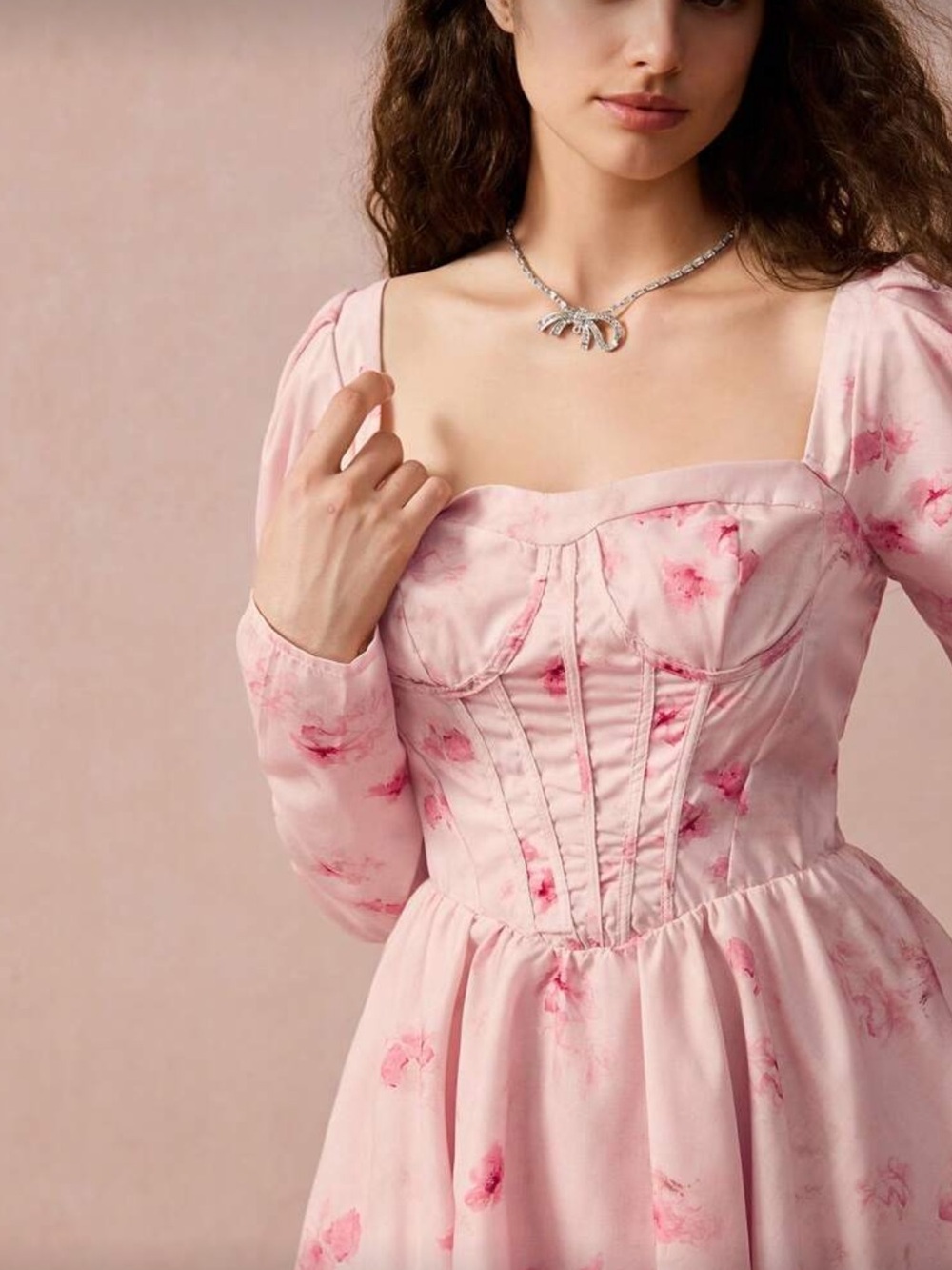 Pink Floral Sweetheart Corset Midi Dress - Picture 3 of 4
